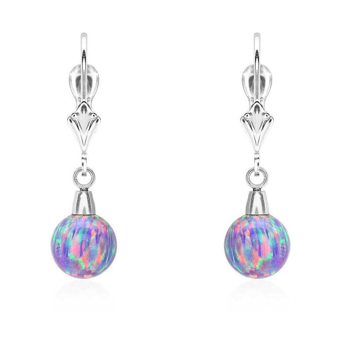 14K White Gold 7mm Purple Fire Opal Ball Leverback Dangle Earrings