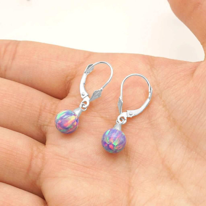 14K White Gold 7mm Purple Fire Opal Ball Leverback Dangle Earrings