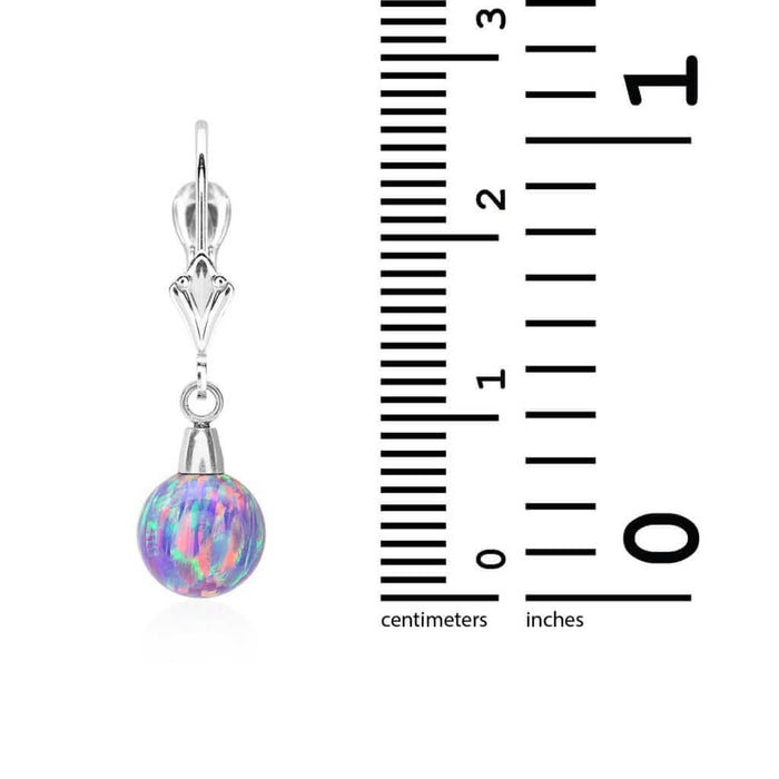 14K White Gold 7mm Purple Fire Opal Ball Leverback Dangle Earrings