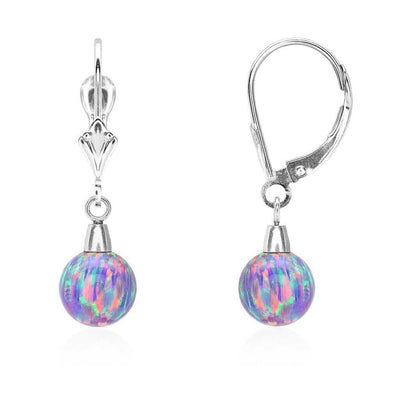 14K White Gold 7mm Purple Fire Opal Ball Leverback Dangle Earrings