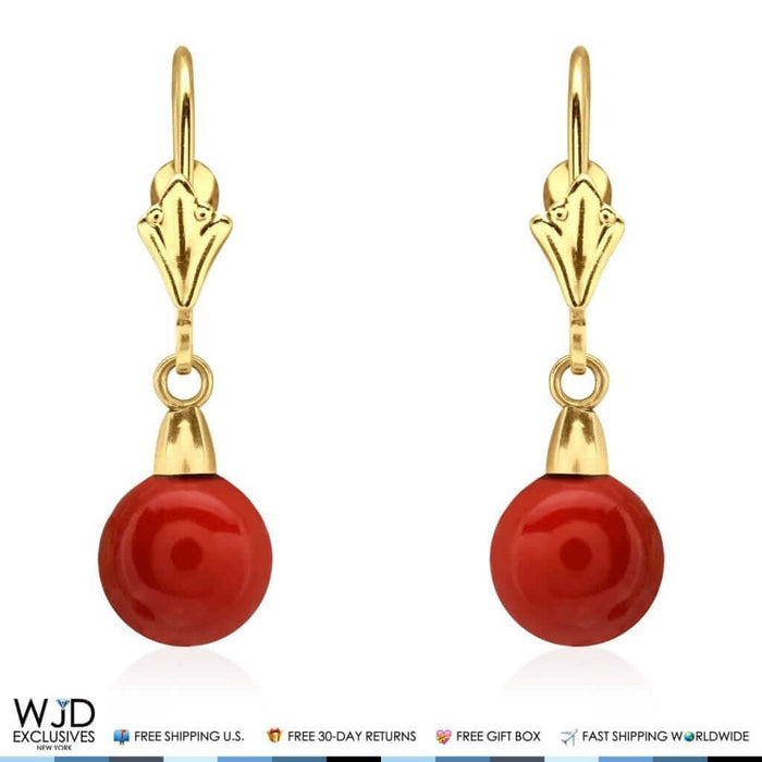 7mm Ball Shaped Red Coral Leverback Dangle Earrings 14K Yellow Gold 1"