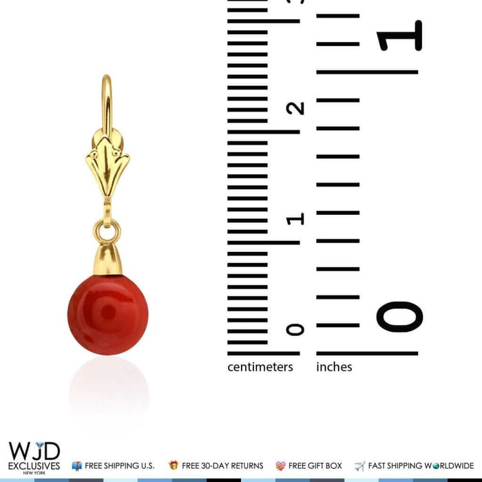 7mm Ball Shaped Red Coral Leverback Dangle Earrings 14K Yellow Gold 1"