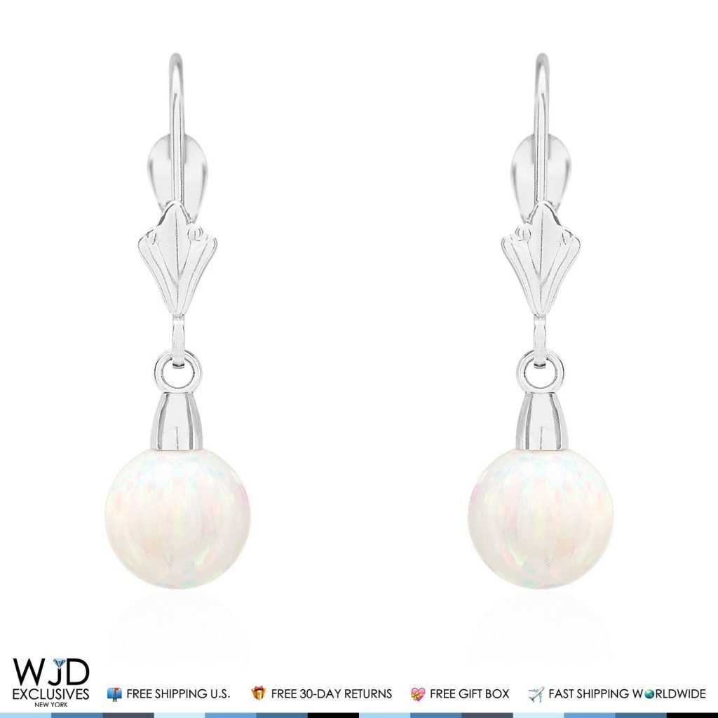 7mm White Fire Opal Ball Leverback Dangle Earrings 14K White Gold