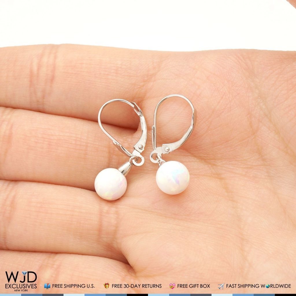 7mm White Fire Opal Ball Leverback Dangle Earrings 14K White Gold