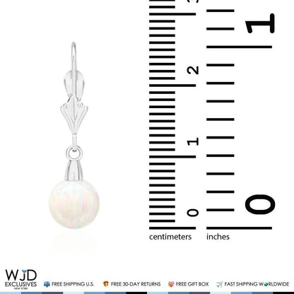 7mm White Fire Opal Ball Leverback Dangle Earrings 14K White Gold