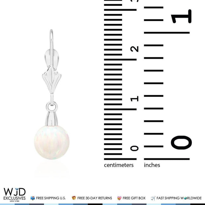 14K White Gold 7mm White Fire Opal Ball Leverback Dangle Earrings