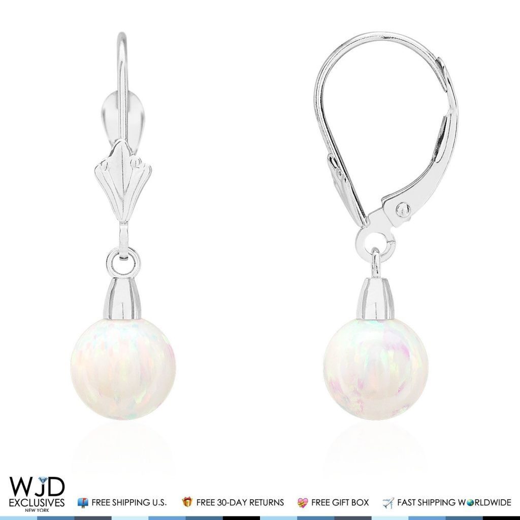 7mm White Fire Opal Ball Leverback Dangle Earrings 14K White Gold