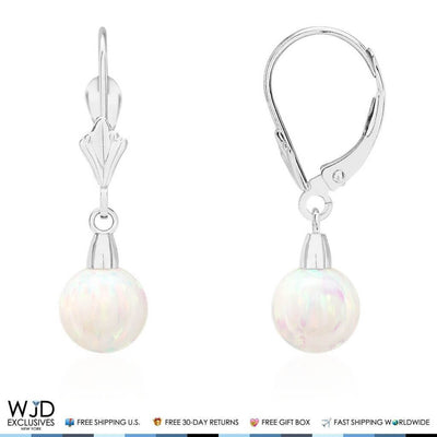 14K White Gold 7mm White Fire Opal Ball Leverback Dangle Earrings