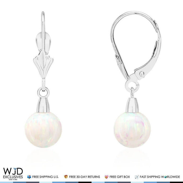 14K White Gold 7mm White Fire Opal Ball Leverback Dangle Earrings