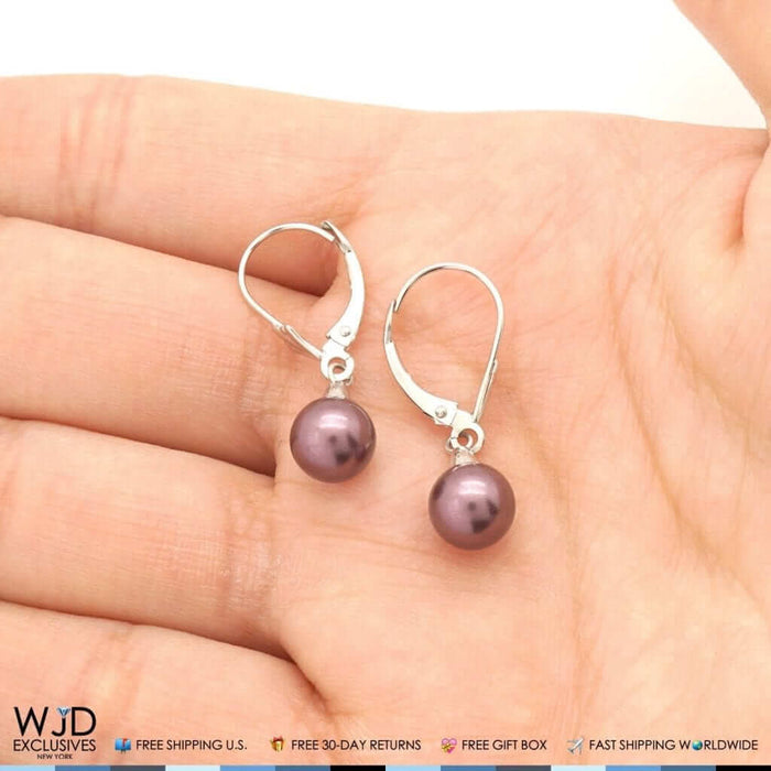 7mm Black Pearl Leverback Dangle Drop Earrings 14K White Gold 1"