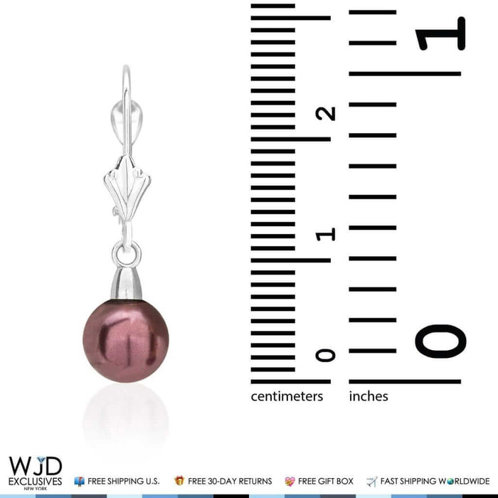 7mm Black Pearl Leverback Dangle Drop Earrings 14K White Gold 1"