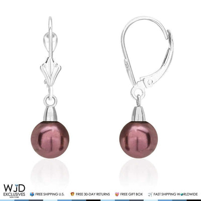 7mm Black Pearl Leverback Dangle Drop Earrings 14K White Gold 1"