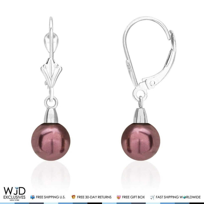 7mm Black Pearl Leverback Dangle Drop Earrings 14K White Gold 1"