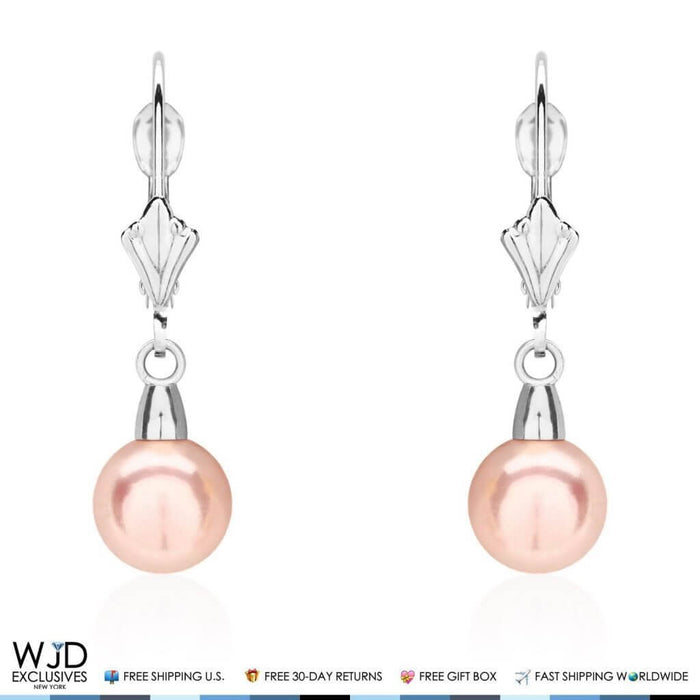 14K White Gold 7mm Diameter Pink Pearl Leverback Dangle Earrings 25mm