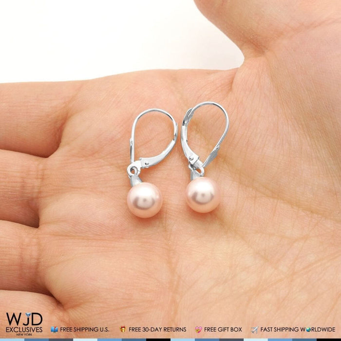 14K White Gold 7mm Diameter Pink Pearl Leverback Dangle Earrings 25mm