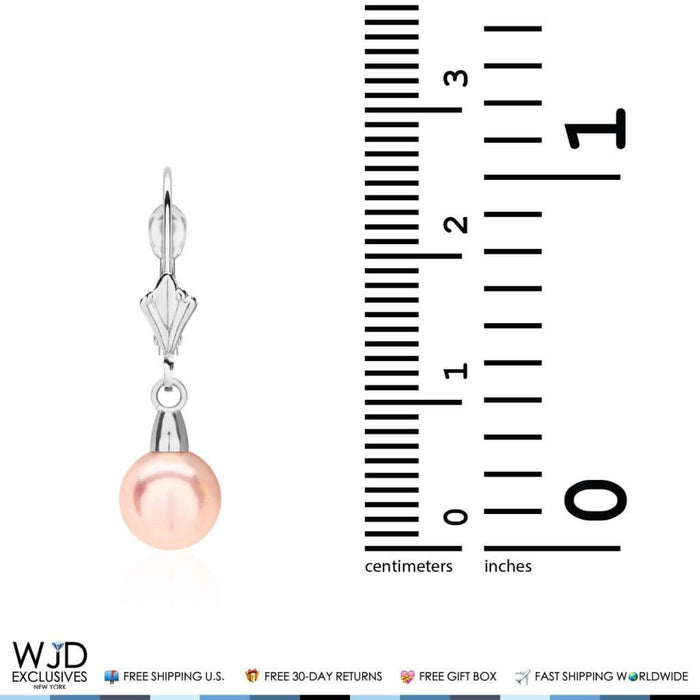 14K White Gold 7mm Diameter Pink Pearl Leverback Dangle Earrings 25mm