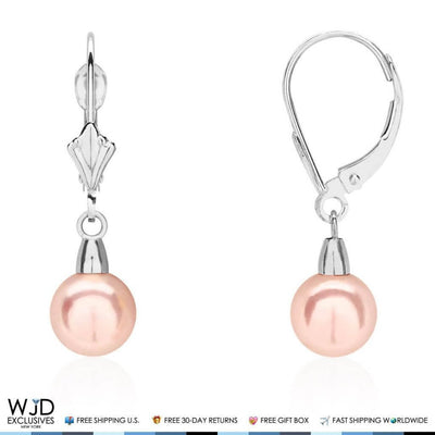 14K White Gold 7mm Diameter Pink Pearl Leverback Dangle Earrings 25mm