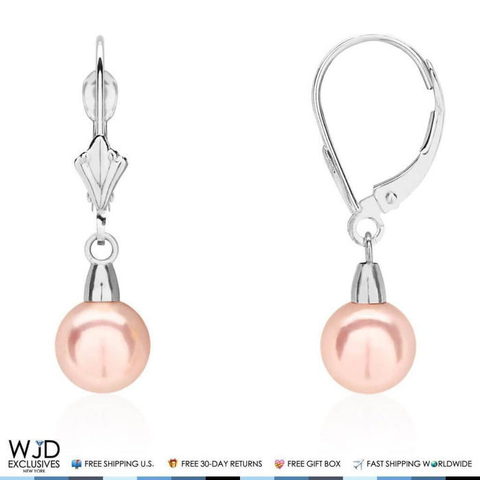14K White Gold 7mm Diameter Pink Pearl Leverback Dangle Earrings 25mm