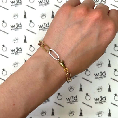 14K Gold Tri-Color Yellow White Rose Color 6mm Paperclip Bracelet 8"