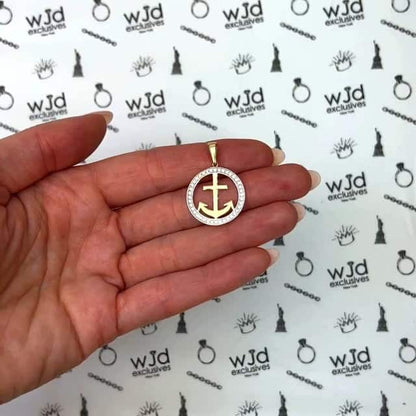 14K Yellow Gold CZ Round Frame Anchor Pendant 1.15"