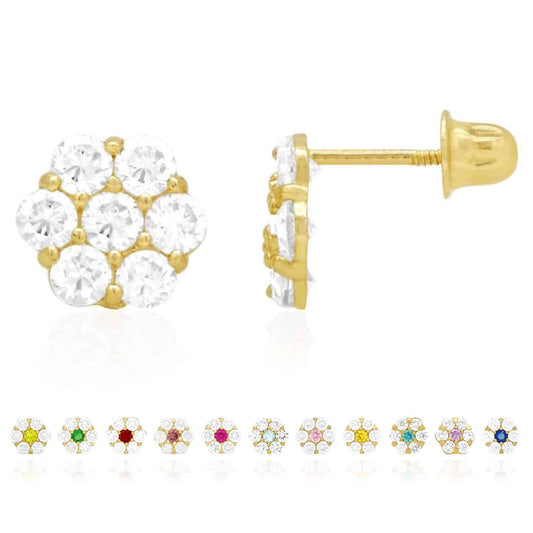 14K Real Gold Yellow Birthstone Flower Cluster Screw Back Stud Earrings 8mm