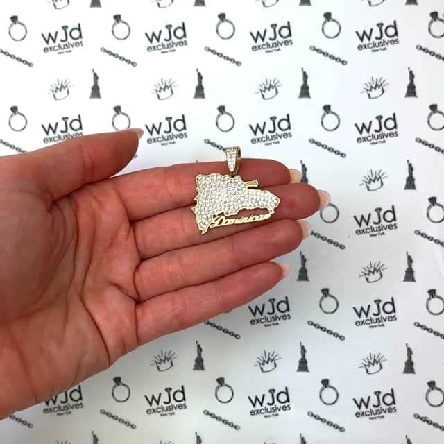 14K Yellow Gold CZ Pave Dominican Map Pendant 1.3" - WJD Exclusives