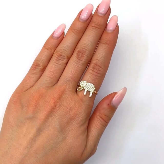 14K Yellow Gold CZ Pave Elephant Ring - WJD Exclusives