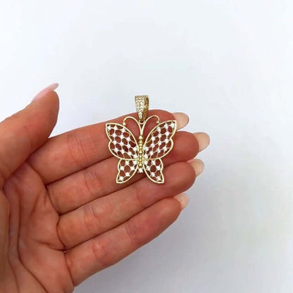 14K Yellow Gold CZ Butterfly Charm Pendant 1.4"