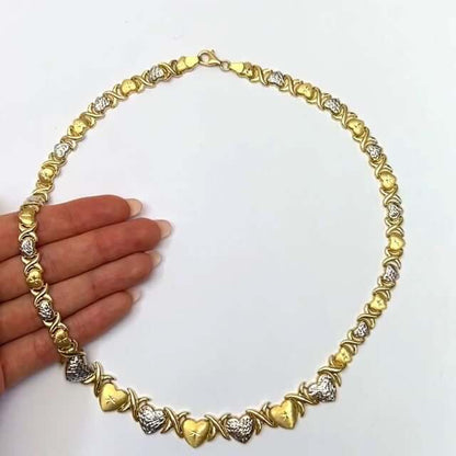 14K Yellow Gold Graduated Heart & Kisses Stampato XO Necklace 18.5"