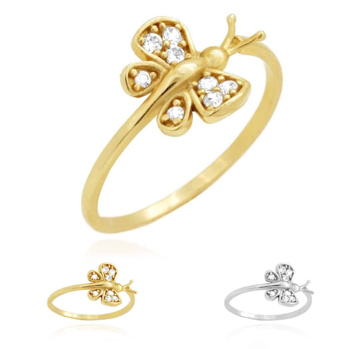 14K Yellow Gold White Simulated White Diamond Butterfly Midi Knuckle Ring 0.30Ct