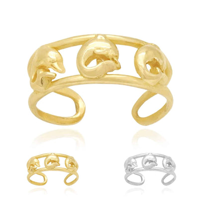 14k Gold Solid Yellow White Dolphin Toe Ring Size 3 (adjustable)