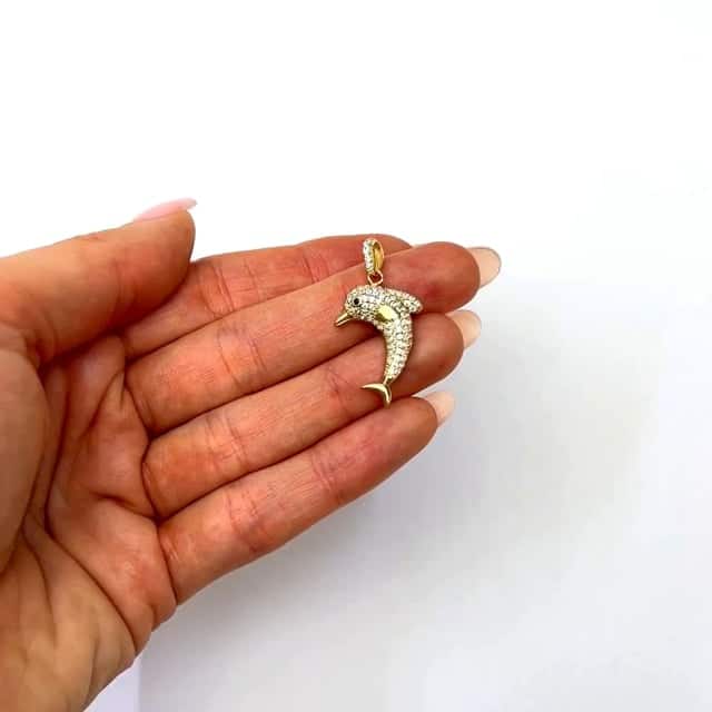 14K Yellow Gold CZ Pave Dolphin Charm Pendant 1.2"