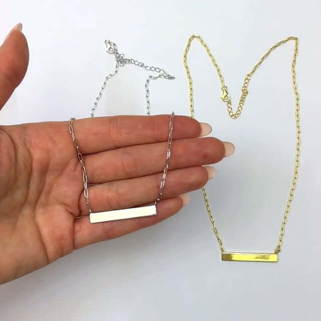 Engravable Gold Over Silver Paperclip Personalized Bar Necklace (Solid Links) 16" - 18" - WJD Exclusives