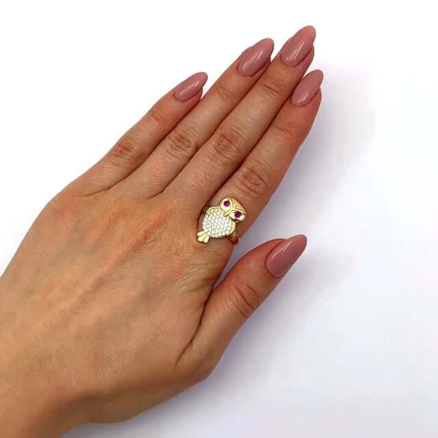 14K Gold Yellow CZ Pave Ruby Eyes Owl Ring