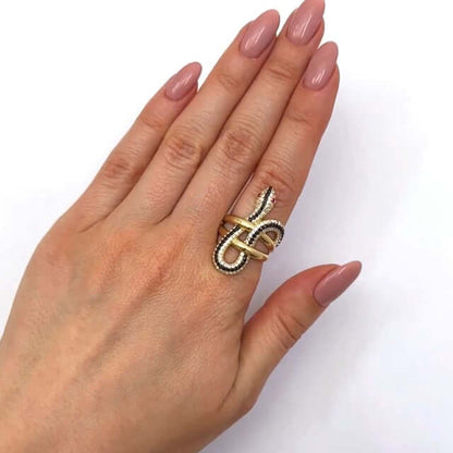 14K Gold Yellow CZ Pave Black Stripe Red Eyes Snake Ring