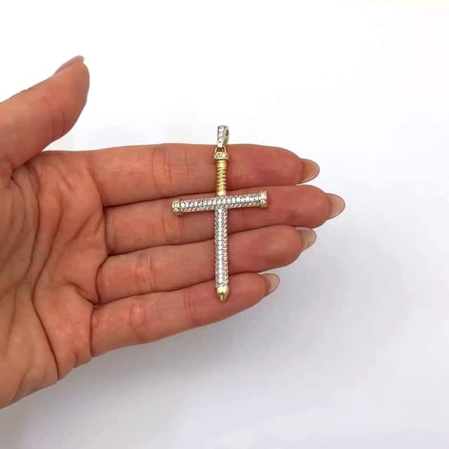 14K Yellow Gold CZ Pave Screw Nail Cross Pendant 2.1"