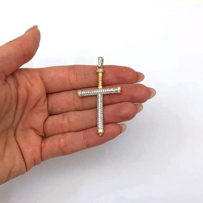 14K Yellow Gold CZ Pave Screw Nail Cross Pendant 2.1"