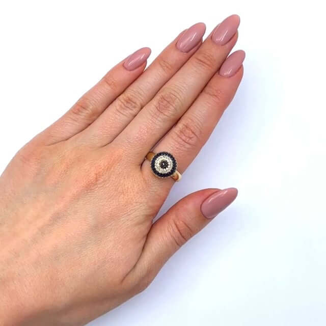 14K Gold Yellow CZ With Sapphire Evil Eye Cocktail Ring
