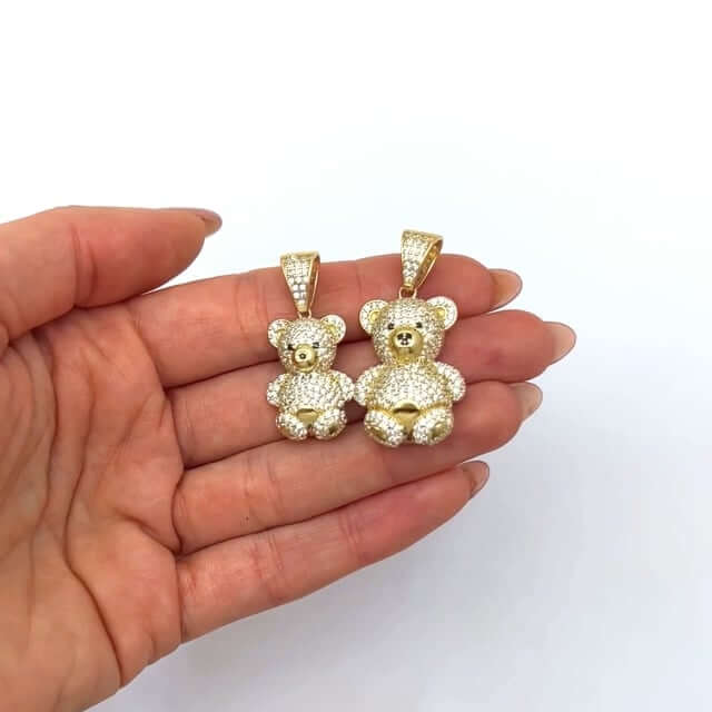 14K Yellow Gold CZ Pave Puffed Teddy Bear Pendant 1.3" - 1.5" - WJD Exclusives