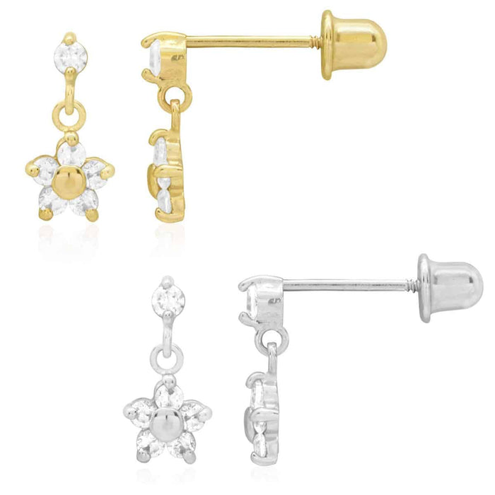 Kids 14K Yellow White Gold Zircon Flower Dangle Screw Back Earrings