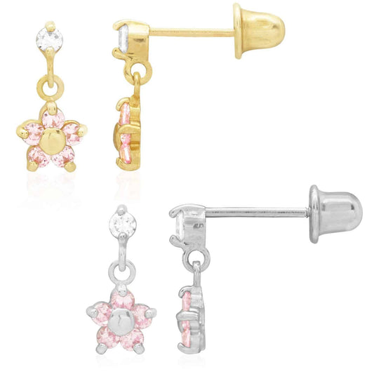 Kid's 14k Yellow White Gold Pink Tourmaline Flower Dangle Earrings