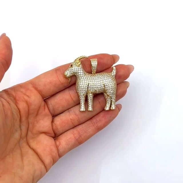 14K Yellow Gold CZ Pave Greatest of All Time Goat Pendant 1.6" - WJD Exclusives