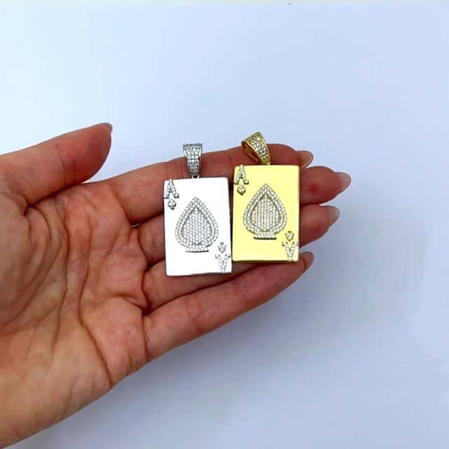 Gold Over Sterling Silver CZ Ace Of Spade Poker Card Pendant 1.7" - WJD Exclusives