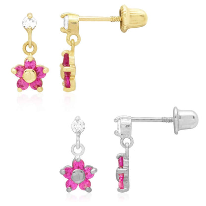 Kid's 14k Yellow White Gold Ruby Flower  Screw Back Earrings