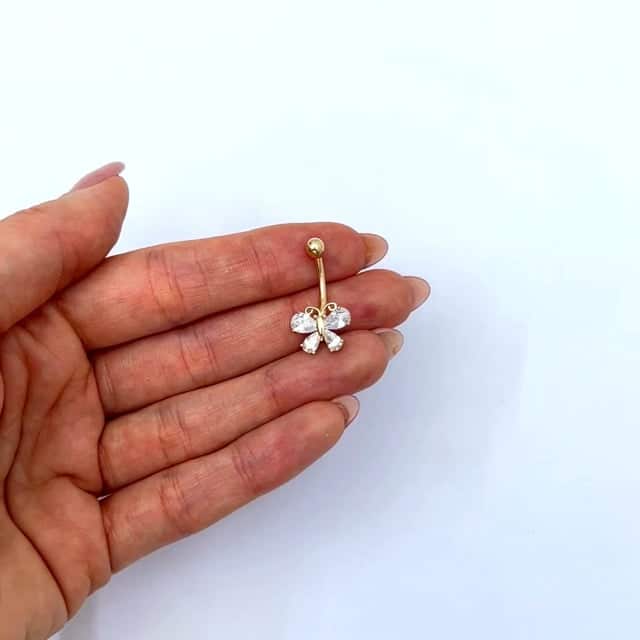 14K Yellow Gold CZ Butterfly Belly Button Ring - WJD Exclusives