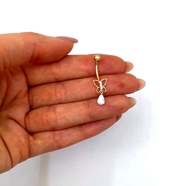 Real 14K Gold CZ Open Butterfly Belly Button Ring - WJD Exclusives