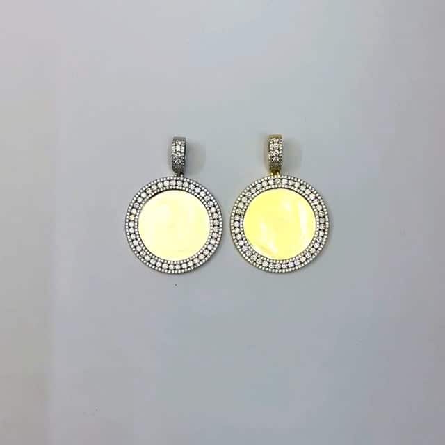 18K Gold Over Silver CZ Frame Round Picture Memory Medallion Pendant 2.1" - WJD Exclusives