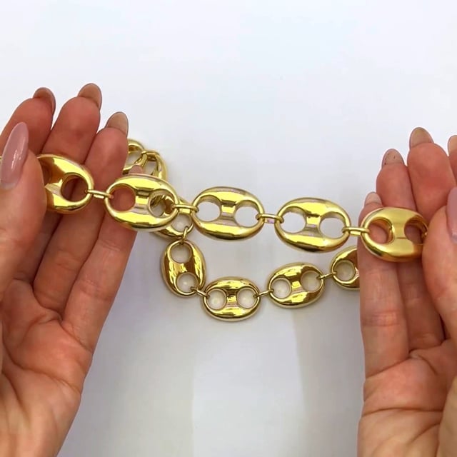 14K Yellow Gold 20mm Puffed Anchor Mariner Chain Necklace 20"-22"