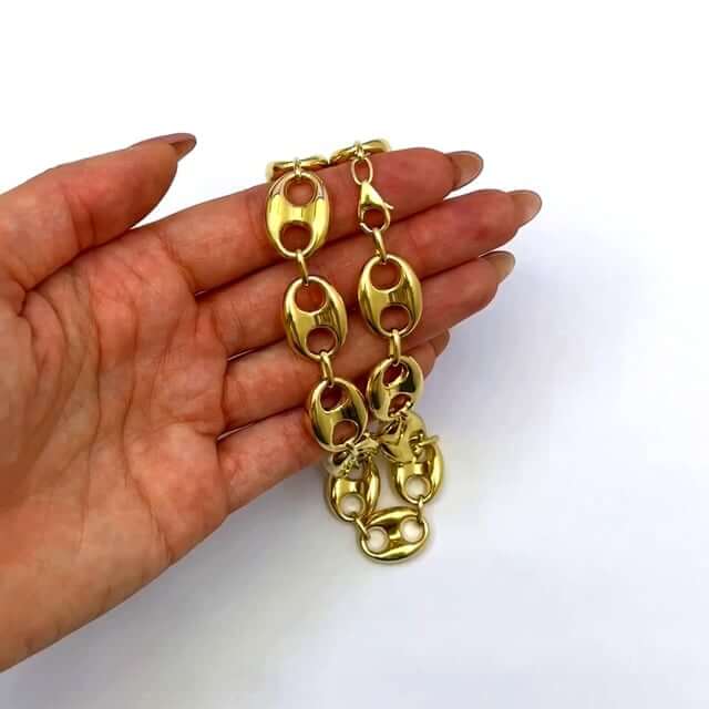 14K Yellow Gold 14mm Puffed Anchor Mariner Chain Necklace 18"-22"