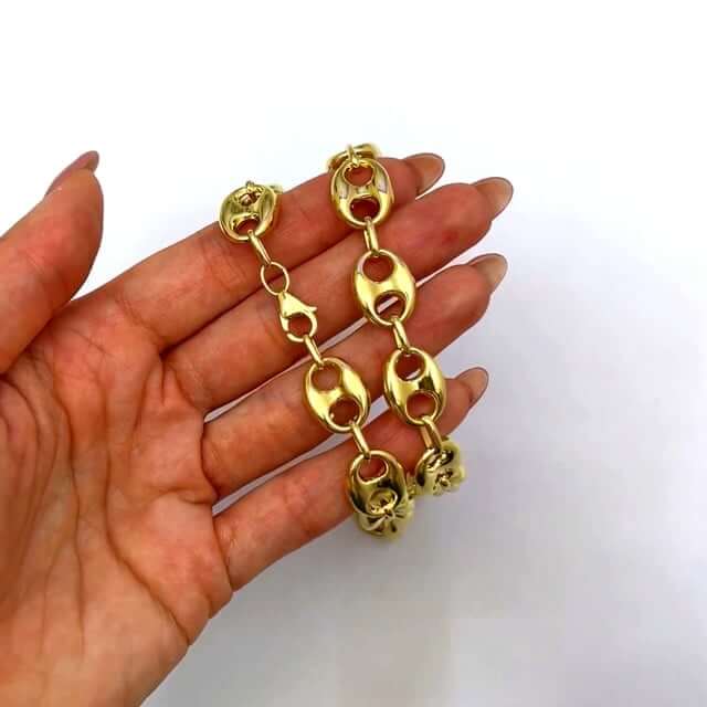14K Yellow Gold 12mm Puffed Anchor Mariner Chain Necklace 18"-22"